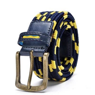 DIY woven fabric belt with leather and brass buckle for casual and stylish wear.