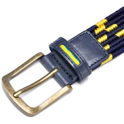 Genuine leather belt with navy blue and yellow woven details, brass buckle, adjustable strap, stylish accessory for men and women.