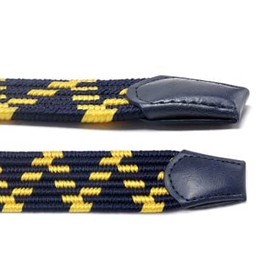 Bluetooth glasses strap, adjustable safety retainer, navy blue and yellow woven cord with leather ends, stylish eyewear accessory for securing glasses, ideal for daily use and outdoor activities.