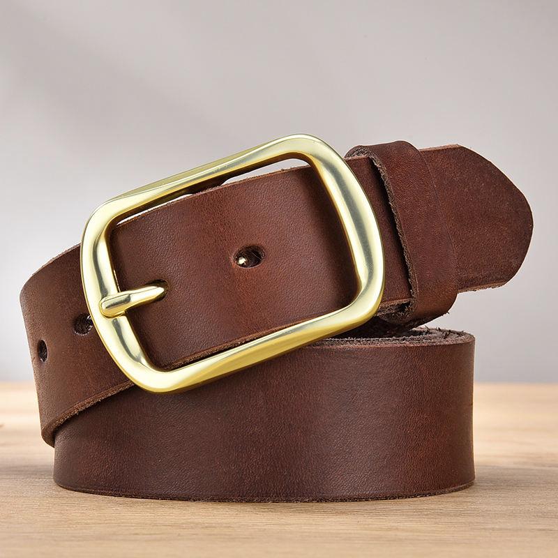 Brown leather belt with gold buckle for men and women, stylish fashion accessory for casual and formal wear.