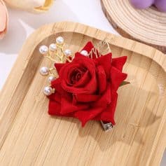 Elegant red rose hairpin with pearl accents, perfect for bridal or formal hairstyles, showcasing stylish hair accessories available at Monalisa Store.