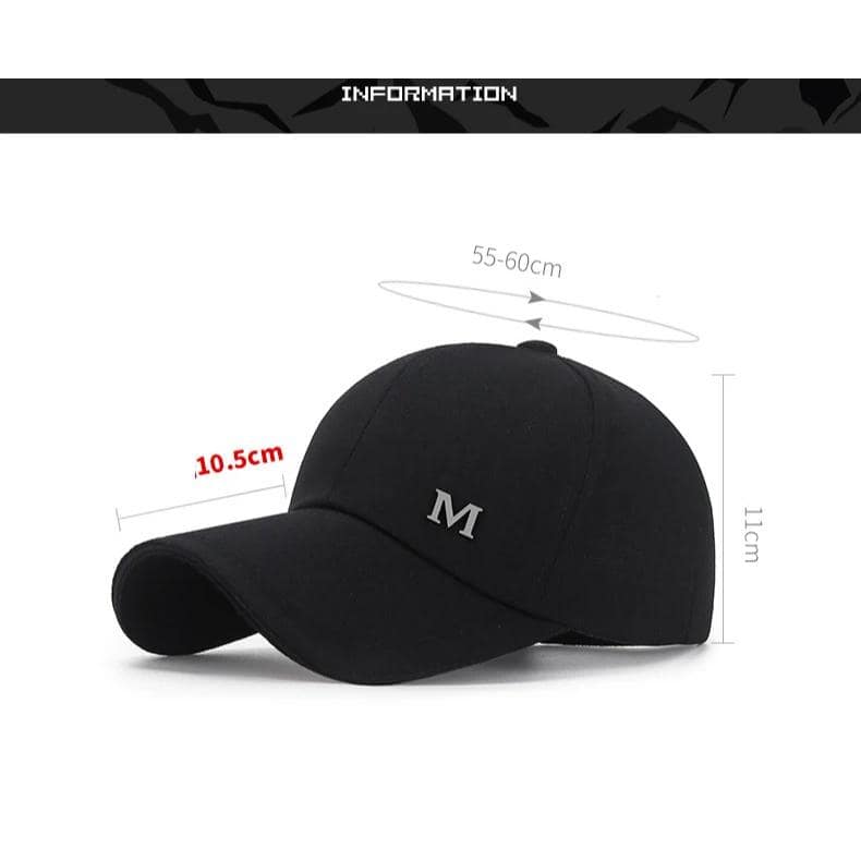 Soft black baseball cap with adjustable strap, embroidered letter "M" on front, ideal for casual and sportswear. Perfect for sun protection and stylish everyday use.