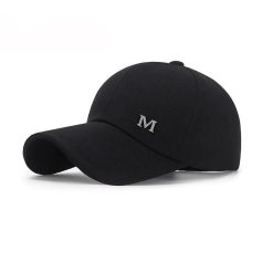 Black baseball cap with a gray "M" logo, stylish and comfortable for everyday wear, ideal for sports, casual outings, and sun protection, available at Monalisa Medical Store.