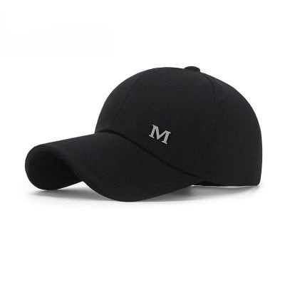 Black baseball cap with a gray "M" logo, stylish and comfortable for everyday wear, ideal for sports, casual outings, and sun protection, available at Monalisa Medical Store.
