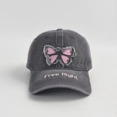 Gray distressed baseball cap with butterfly embroidery and 