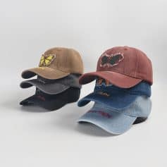 Baseball caps with embroidered butterfly logo, available in multiple colors, perfect for casual or outdoor wear, from Monalisa Store's fashionable accessory collection.