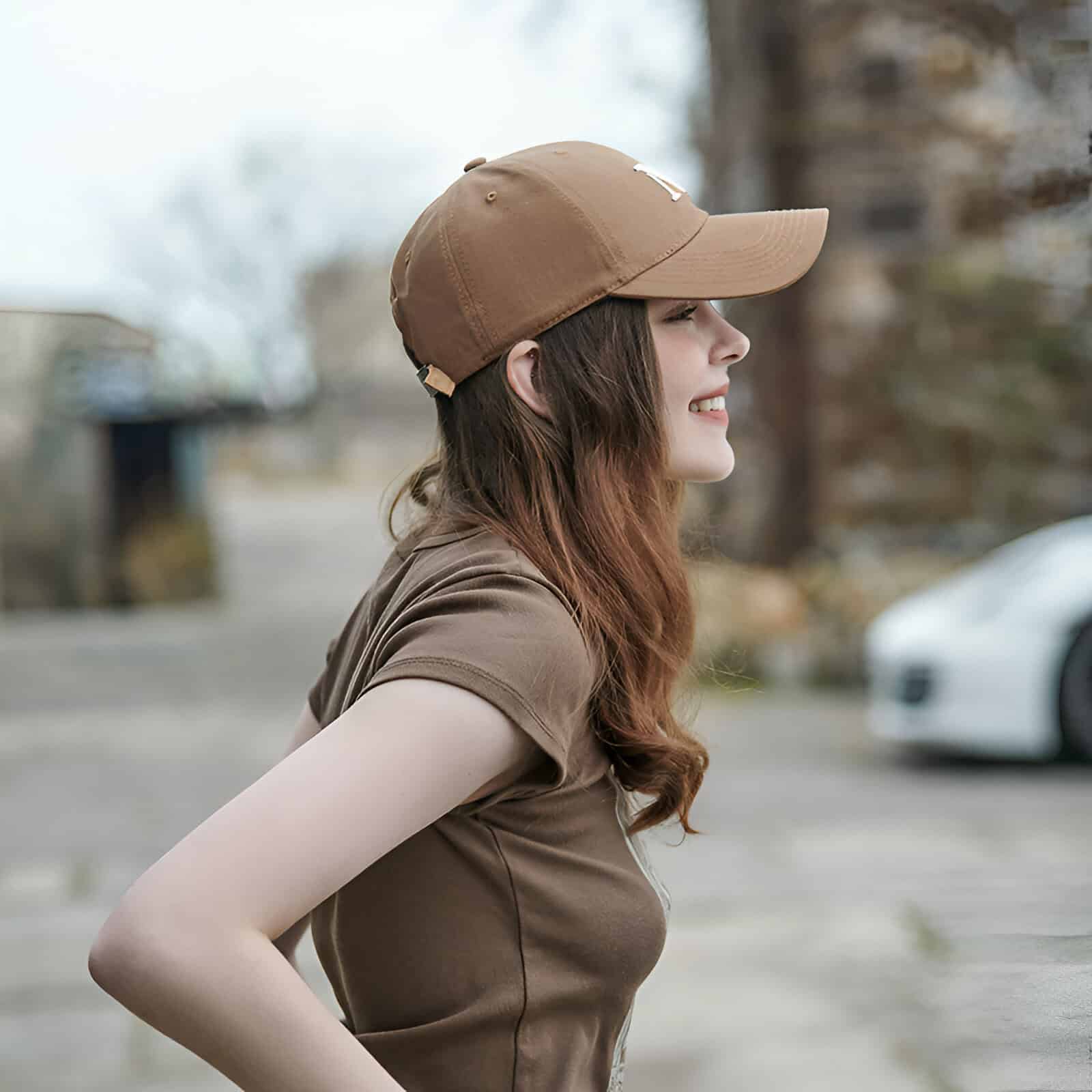Brown baseball cap for women with adjustable strap, stylish outdoor headwear, casual sun hat for women, Monalisa Medical store accessory, comfortable and functional cap for outdoor activities.