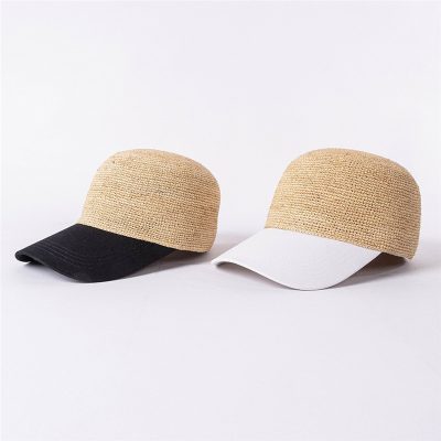 Straw baseball caps with black and white brims, stylish and sun protection accessories. Perfect for outdoor activities, casual wear, and making fashion statements. Comfortable, lightweight, and trendy headwear essentials.