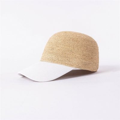 Straw and white baseball cap, trendy sun hat for women and men, stylish accessories, lightweight casual headwear.