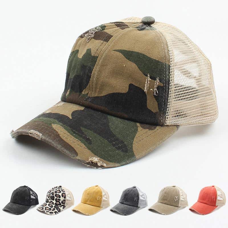 Camouflage baseball cap with distressed brim and mesh back, stylish and casual headwear for outdoor activities and fashion accessories.