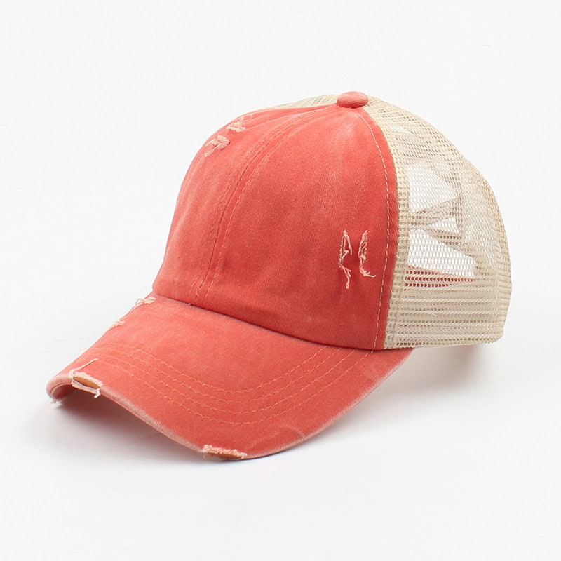 Distressed red and beige mesh baseball cap, casual outdoor accessory, stylish and trendy headwear for men and women, Monalisa Store opt online shop.