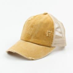 Distressed beige baseball cap with mesh back, fashion accessory for casual wear, trendy distressed style, adjustable fit, suitable for outdoor activities.