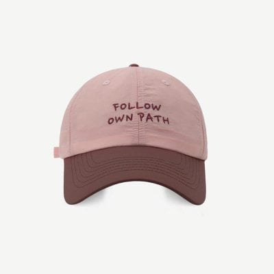 Follow own path embroidered baseball cap in pink and brown from Monalisa Medical Store.