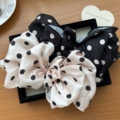 Polka dot silk hair scrunchies black and white, elegant hair accessories for women, Monalisa Store opt, high-quality hair ties for daily wear and special occasions.