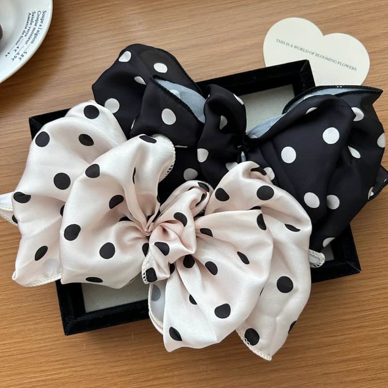 Polka dot silk hair scrunchies black and white, elegant hair accessories for women, Monalisa Store opt, high-quality hair ties for daily wear and special occasions.