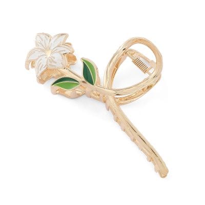 Elegant floral brooch with gold-tone finish and vibrant green enamel leaves, perfect for adding a touch of elegance and sophistication to any outfit. Ideal for fashion accessories and jewelry lovers.