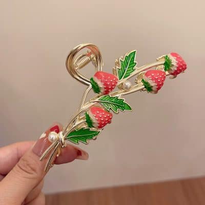 Strawberry and holly leaf hair clip with pearl accents, decorative hair accessory, cheerful and colorful hair ornament, festive hair styling accessory, jewelry quality hair embellishment for women and girls.