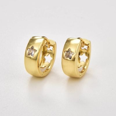 Shiny gold hoop earrings with star-shaped cutouts and embedded clear gemstones, perfect for stylish accessories. Crafted for elegance and everyday wear, these earrings add a touch of sparkle and fun to any outfit.