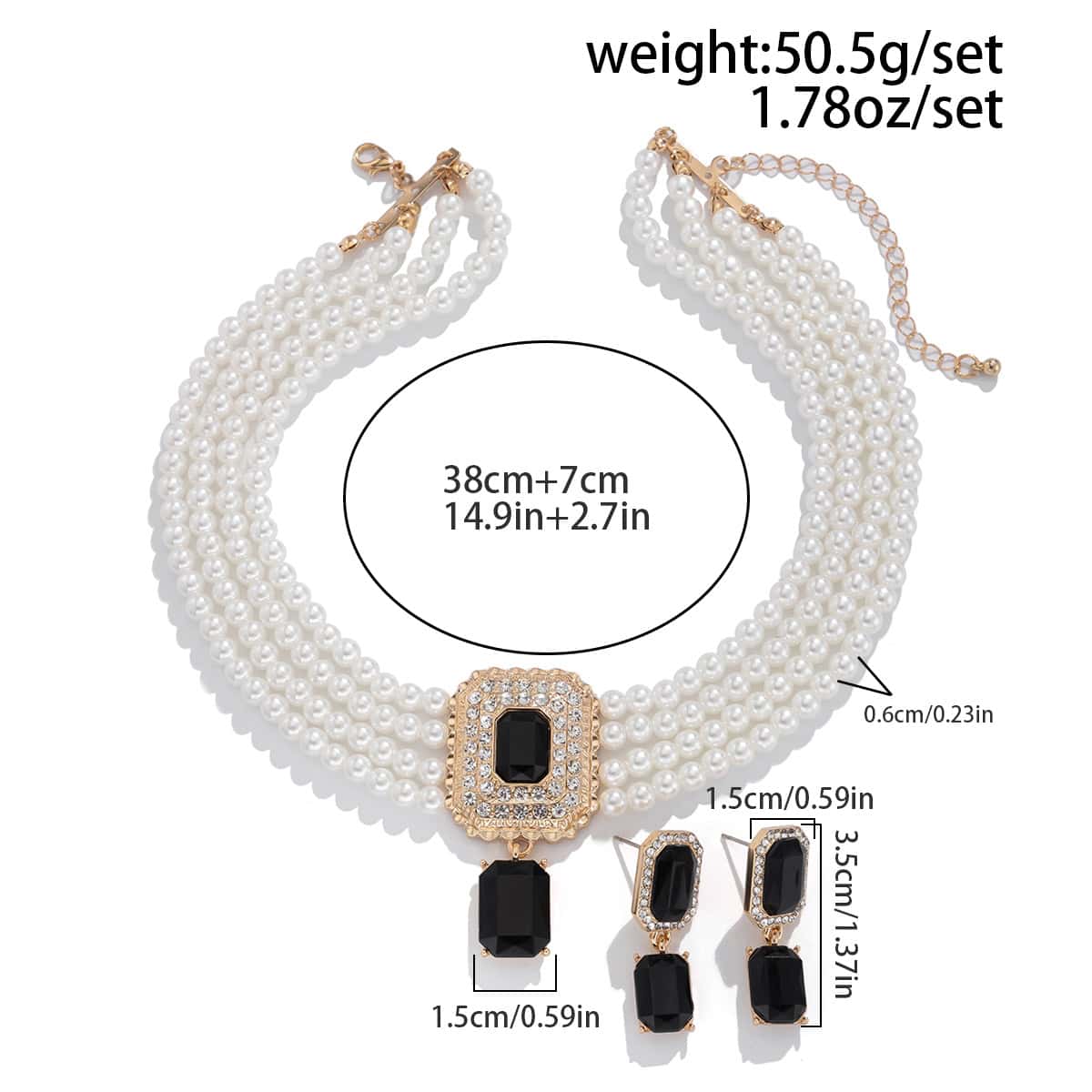 Elegant pearl necklace and matching earrings with black gemstone accents, perfect for special occasions, featuring detailed measurements and a luxurious design.