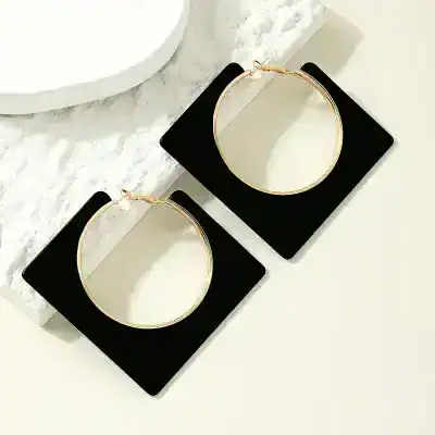 Gold hoop earrings with square black and white acrylic studs, stylish accessories for women, perfect for fashion and casual wear, available at Monalisa Store.