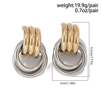 Shiny two-tone hoop earrings with intertwined gold and silver rings, designed for stylish, modern jewelry lovers. Perfect for adding elegance to any outfit.