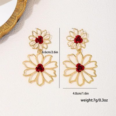Elegant gold floral earrings with red roses, perfect for stylish accessories, jewelry lovers, and gift ideas, featured at Monalisa Store for unique fashion jewelry collections.