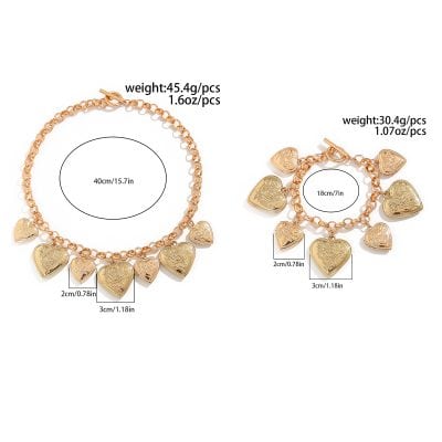 Elegant gold charm jewelry set featuring heart-shaped pendants, perfect for fashion accessories and gift giving. Crafted with high-quality materials for durability and style.