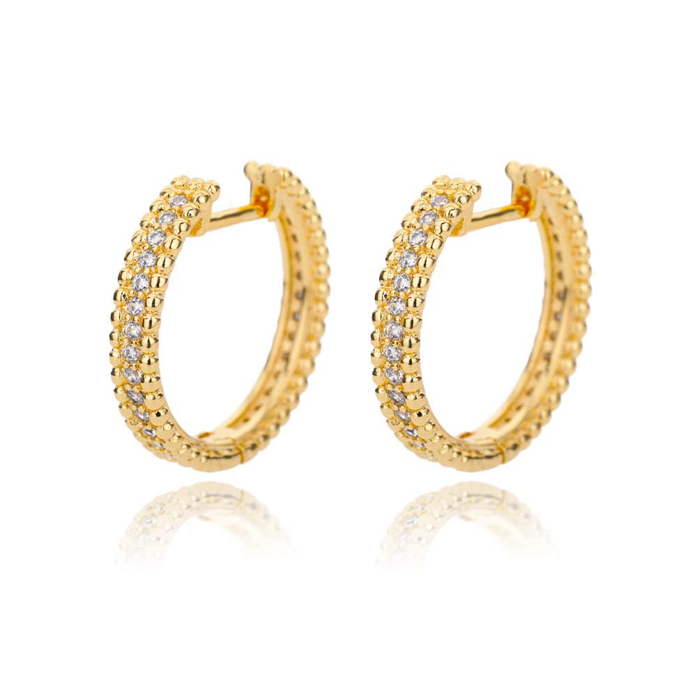 Elegant gold hoop earrings with sparkling cubic zirconia stones, perfect for stylish jewelry collection, showcasing luxury and craftsmanship.