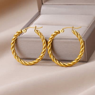 Shiny gold twisted hoop earrings displayed in an elegant jewelry box, perfect for fashionable accessories or gift-giving.