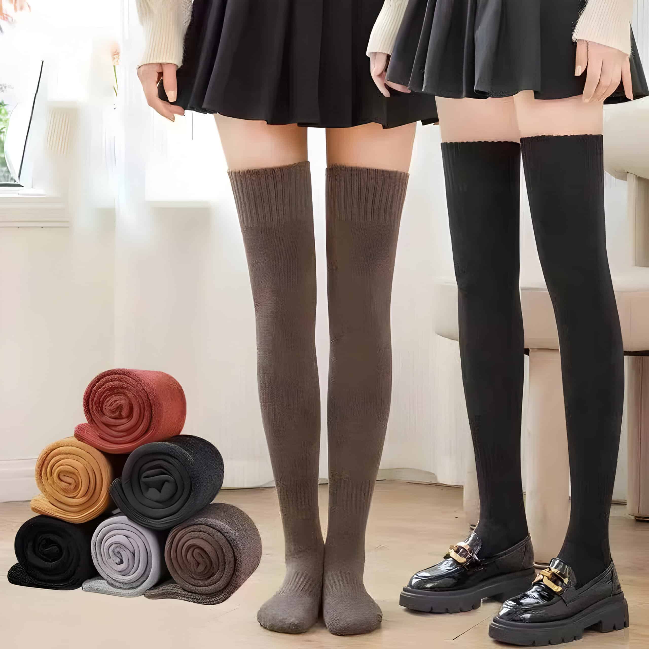 Silk knee-high stockings in brown and black displayed by two models at Monalisa Store, stylish fall hosiery for women.