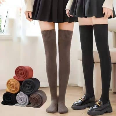 Knee-high socks display at Monalisa Medical Store, fashionable stockings for women, cozy and stylish hosiery for daily wear and special occasions, available in various colors, perfect for boosting style and comfort.