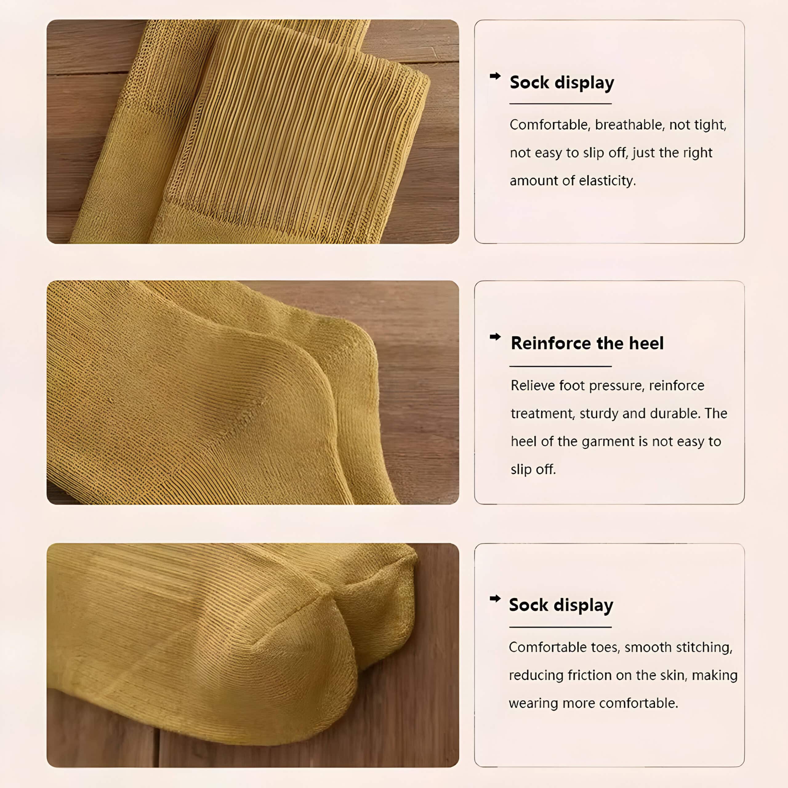 Sock display breathable elastic socks for comfortable fit, not tight, with reinforced heel design to reduce slip and enhance durability for everyday wear.