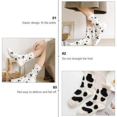 Comfy cow-print fuzzy socks featuring elastic design for secure fit and durability, perfect for stylish comfort and everyday wear.