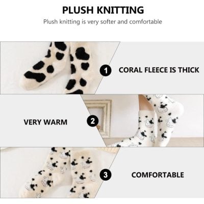 Soft plush cow print socks featuring thick coral fleece, very warm and comfortable fabric suitable for cold weather, available at Monalisa Store for cozy footwear.