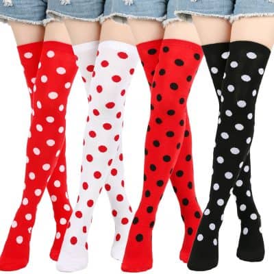 Red polka dot knee-high socks, stylish women's legwear, colorful fashion hosiery, vibrant polka dot stockings, Monalisa Store optic accessories.