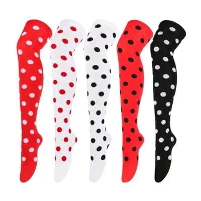 Red and white polka dot knee-high socks with black accents, fashion accessories for women and men, stylish and comfortable hosiery, perfect for casual or party wear, Monalisa Store.