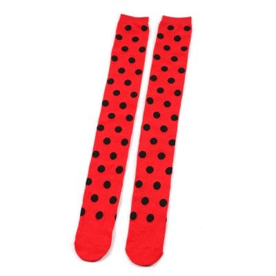 Red and black polka dot knee-high socks for women or fashion accessories.