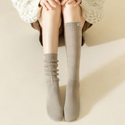 Knee-high beige socks, cozy knit texture, fashion accessories for women, Monalisa Store.