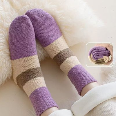 Comfy colorful striped wool socks, purple beige and brown, cozy addition for winter warmth, perfect for casual wear or gift-giving at Monalisa Medical store.