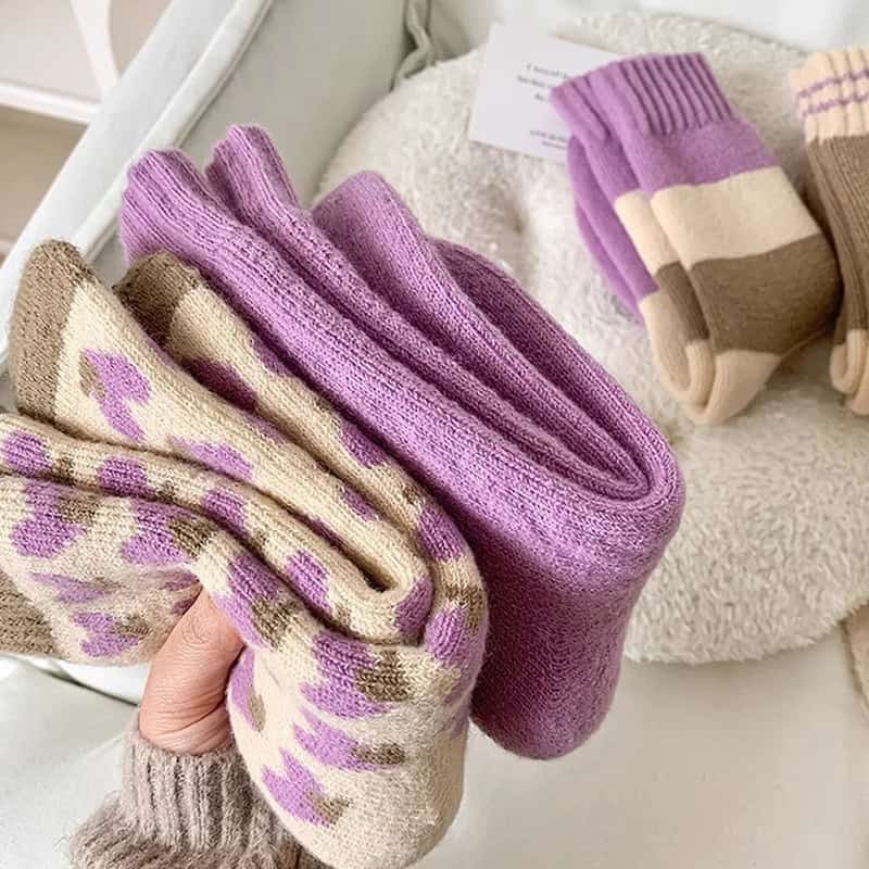 Soft pink and beige knitted socks collection for women and men, cozy and warm footwear for winter and cold seasons from Monalisa Store.