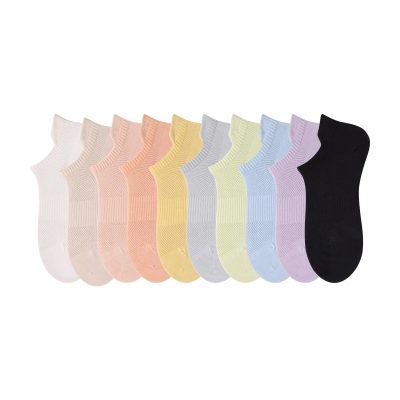 Cream, pink, yellow, gray, blue, lavender, and black low-cut ankle socks in various pastel shades, designed for comfort and style. Perfect for everyday casual wear, available at Monalisa Store.