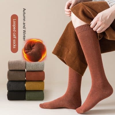 Cozy autumn and winter looped calf socks in multiple colors, perfect for cold weather, displayed next to a stack of folded socks on Monalisa Store website.