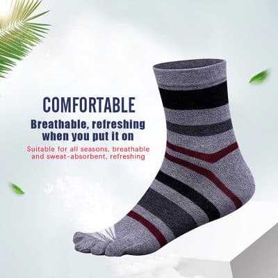 Light grey sock with navy, black, and red stripes, breathable and comfortable for all seasons, moisture-wicking, ideal for everyday wear at Monalisa Medical Store, en_US.