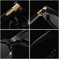 Luxury black and gold sunglasses, close-up detail, designer eyewear, Monalisa Store, high-end optical accessories, modern fashion sunglasses, sleek frames, premium sunglass design, stylish eye protection, trendy eyewear collection, sunglasses for men and women.
