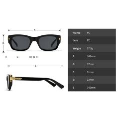 Polycarbonate sunglasses with sleek black frame and dark lenses, lightweight design, perfect for fashion and sun protection, detailed measurements included.