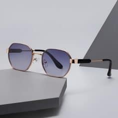 Elegant women's sunglasses with tinted lenses, black temple tips, and rose gold frames displayed on a modern geometric background at Monalisa Store.