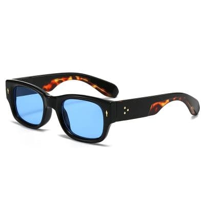 Stylish black sunglasses with blue reflective lenses and tortoiseshell accents on the arms, perfect for fashion-forward individuals seeking UV protection and eye style at Monalisa Store.