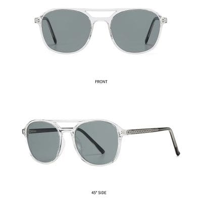 Sleek modern sunglasses with transparent frame and gray lenses, perfect for stylish sun protection and UV shielding.