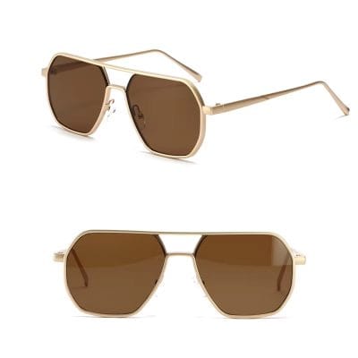 Gold-framed aviator sunglasses with brown lenses, stylish designer eyewear, Monalisa Store luxury sunglasses, men's and women's fashion sunglasses, UV protection eyewear for summer lifestyle.