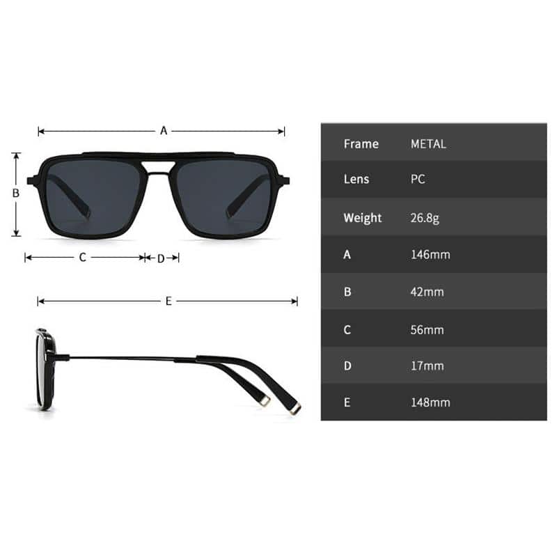 Sunglasses with metal frame and polycarbonate lenses, measuring 146mm wide, 42mm height, featuring a sleek modern design perfect for stylish eye protection.